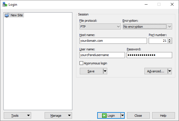 WinSCP login setup window configured with placeholder FTP session credentials.