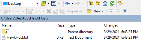WinSCP local file directory pane showing a file named "HawkHost.txt" inside a desktop folder path.