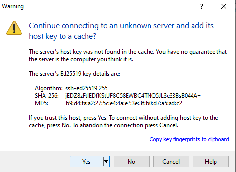 An SSH unknown server host key warning prompt asking whether to continue connecting and cache the key.