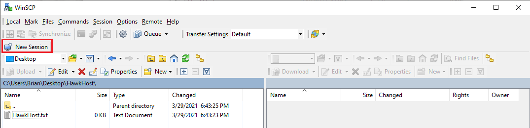 WinSCP file manager interface with a red box highlighting the "New Session" button in the upper left toolbar.