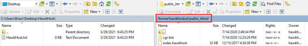 WinSCP interface highlighting the remote server path "/home/hawkhostssl/public_html/" in a red rectangle.