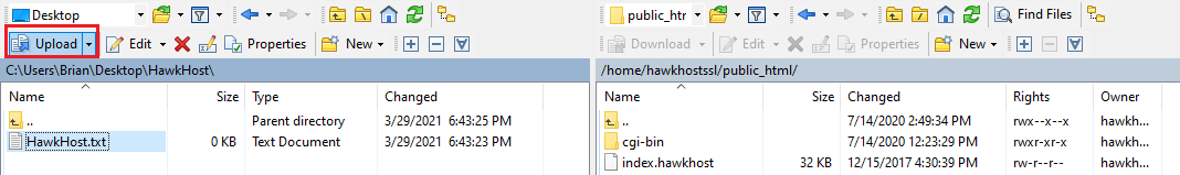 WinSCP user interface showing the "Upload" toolbar button highlighted with a red box.