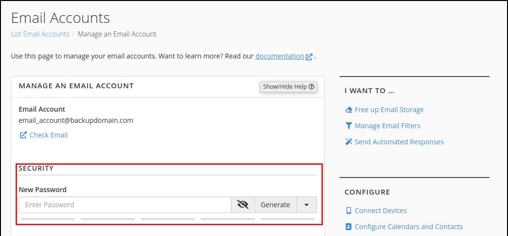 Password reset form in Security section