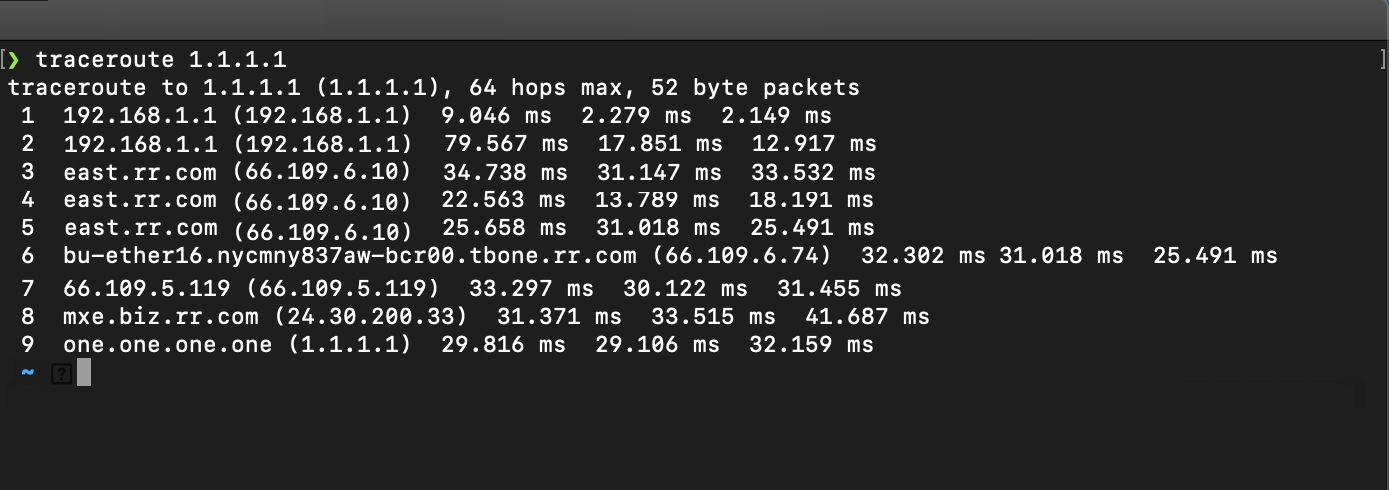 macOS Terminal window displaying a completed traceroute network command output to the IP address 1.1.1.1.