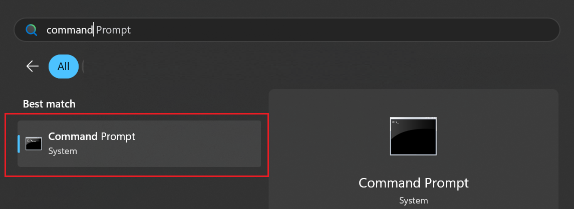Windows search menu displaying "Command Prompt" as the best match with a red highlight box.