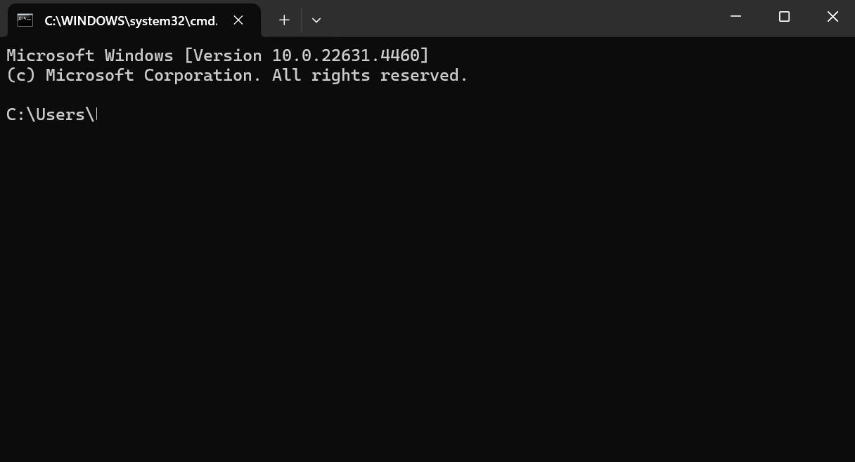 A newly opened Windows Command Prompt terminal window showing the default system text and user directory path prompt.