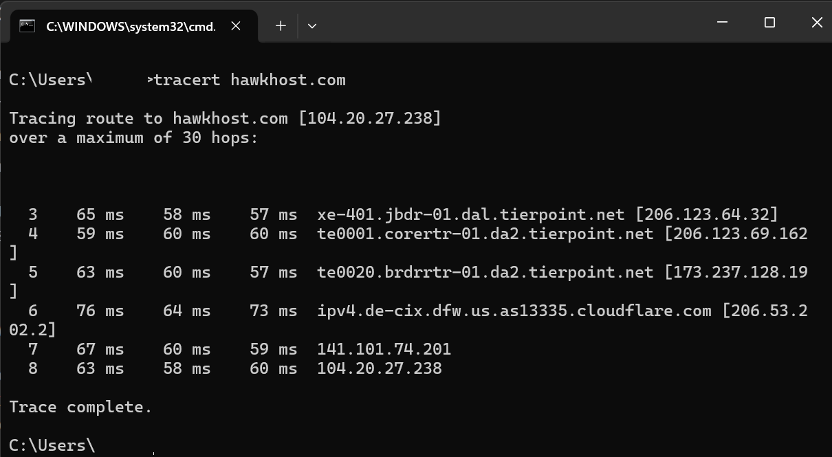 Command Prompt running a traceroute command to hawkhost.com, displaying the network hop details.