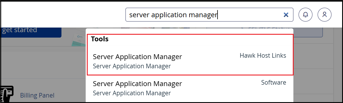 cPanel search results showing two "Server Application Manager" entries, with the "Hawk Host Links" option highlighted in a red box.