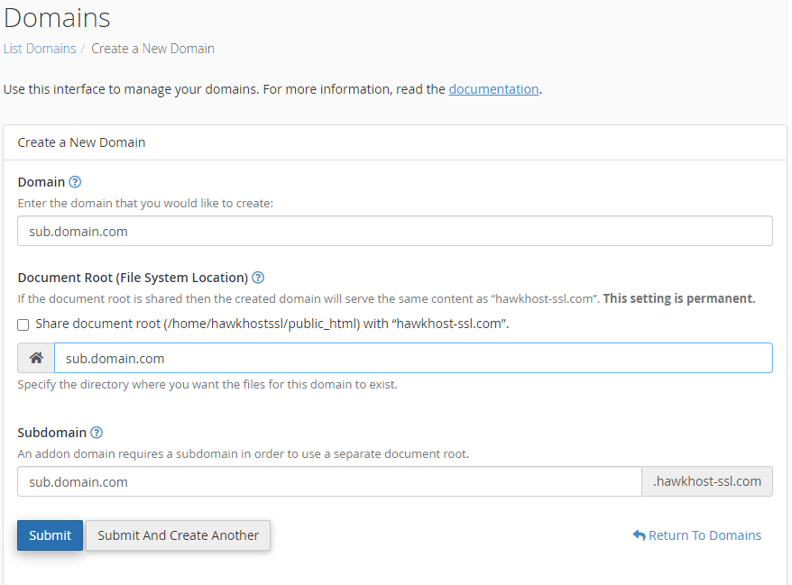 "Create a New Domain" form filled out with "sub.domain.com" in the domain input fields.