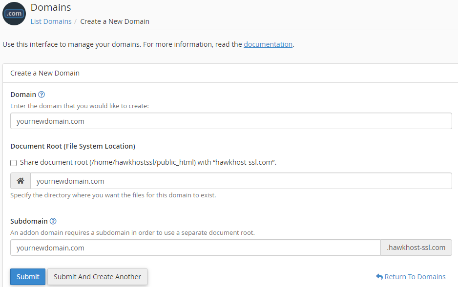 "Create a New Domain" form in a domain management interface, filled out with placeholder domain name text.