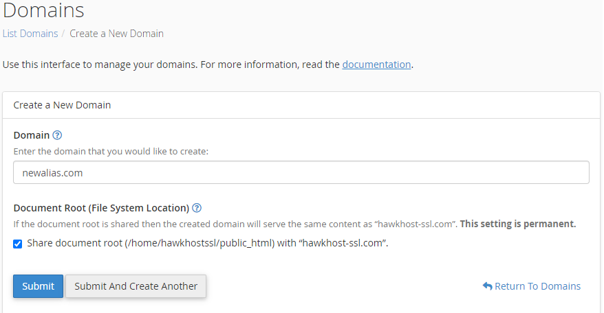 "Create a New Domain" form in a domain interface with "newalias.com" entered into the domain text box.