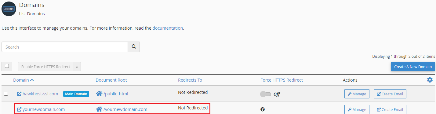 Domain management interface list showing a newly added entry for "yournewdomain.com" highlighted in a red box.