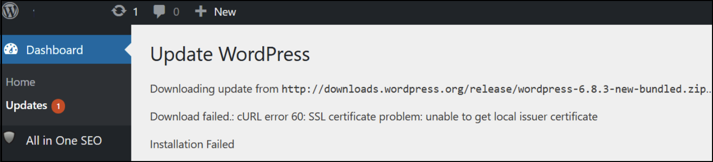 WordPress dashboard displaying a failed core installation update due to a cURL SSL certificate issue.