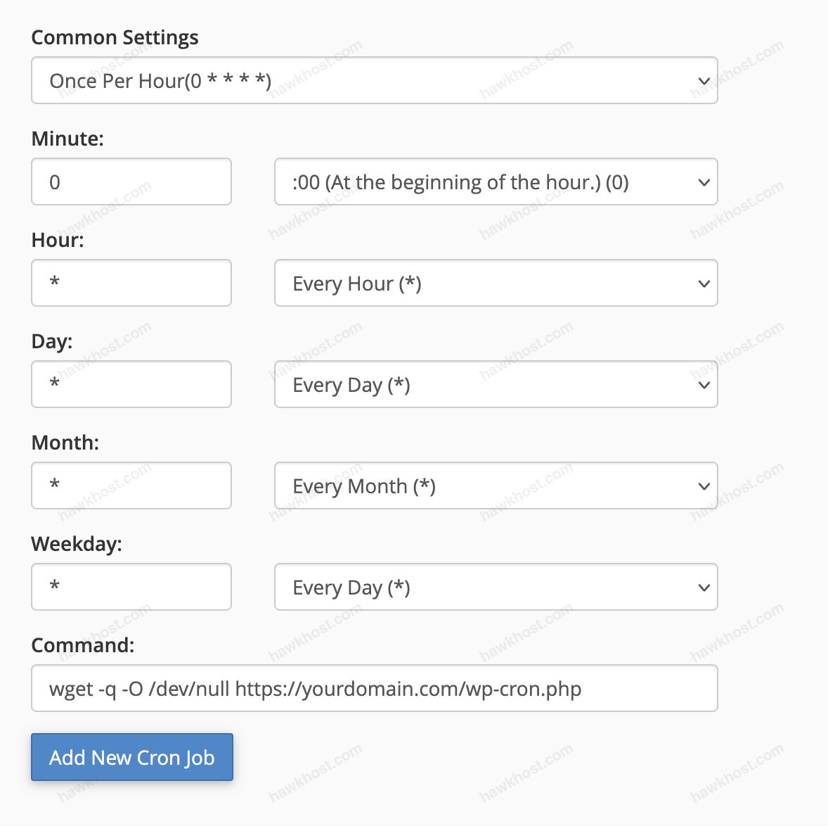 Add New Cron Job form with Once Per Hour and wget command
