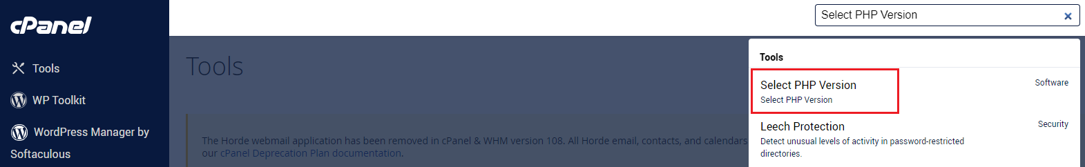 Select PHP Version in cPanel