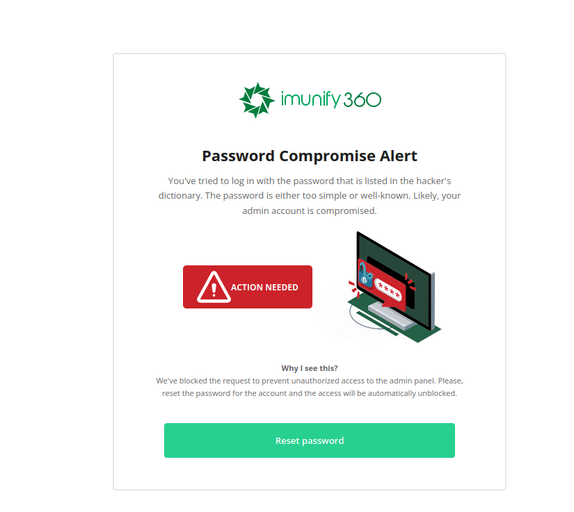 An Imunify360 Password Compromise Alert security page displaying a notice that an administrative account has been blocked.