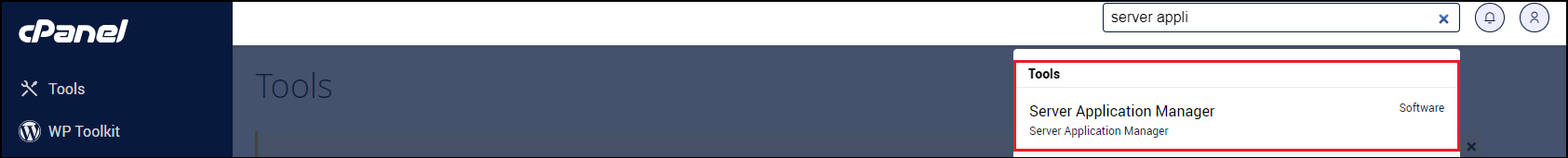 cPanel search results showing the "Server Application Manager" tool highlighted with a red rectangle.