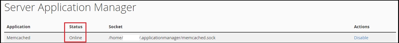 Server Application Manager screen showing Memcached status as "Online" highlighted in a red box.