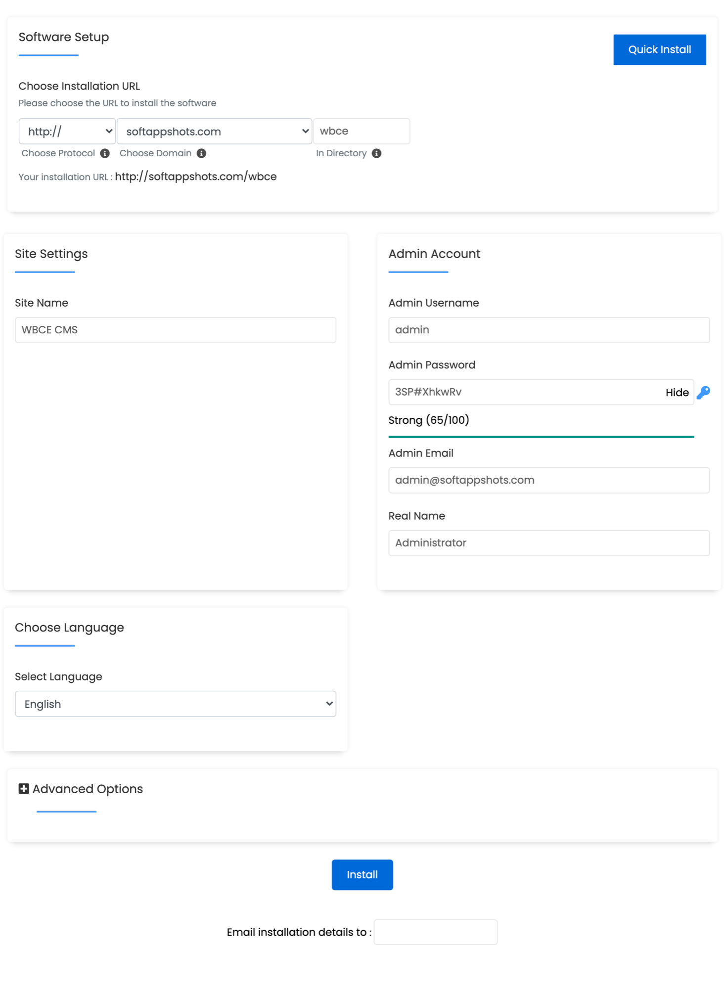 WBCE CMS Install Options