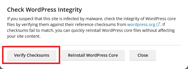 Check WordPress Integrity popup