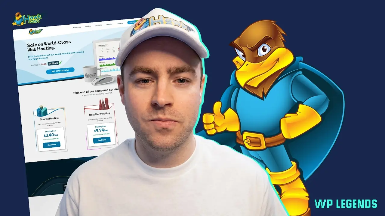Hawk Host CEO Tony Baird pictured next to the hawk mascot with a screenshot of hawkhost.com in the background.