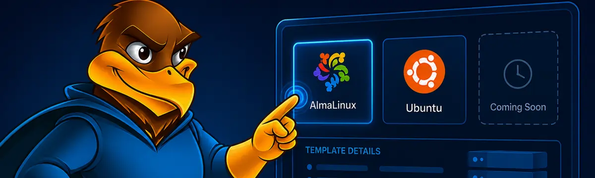 The Hawk Host mascot interacting with a control panel that displays Linux based operating systems.
