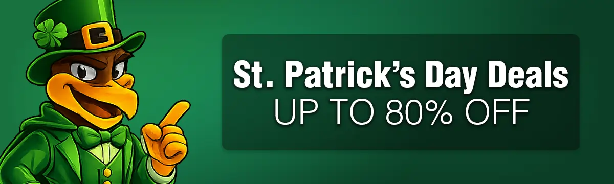 Hawk Host mascot pointing to St. Patricks Day hosting deals up to 80% off