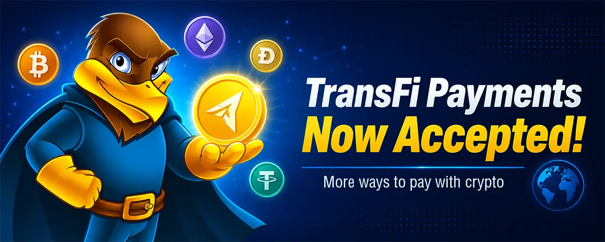 The Hawk Host mascot holding a glowing cryptocurrency coin beside text announcing TransFi crypto payments are now accepted..
